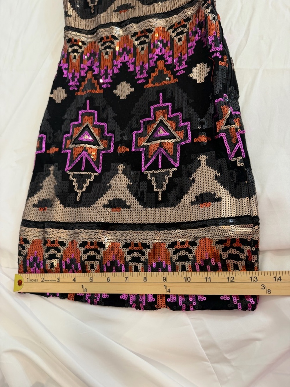 Sequin Mini Dress Size 1 Black Pink Geometric Aztec Strappy Party - Picture 14 of 15